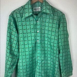 Vintage Green Geometric Button-Up Blouse